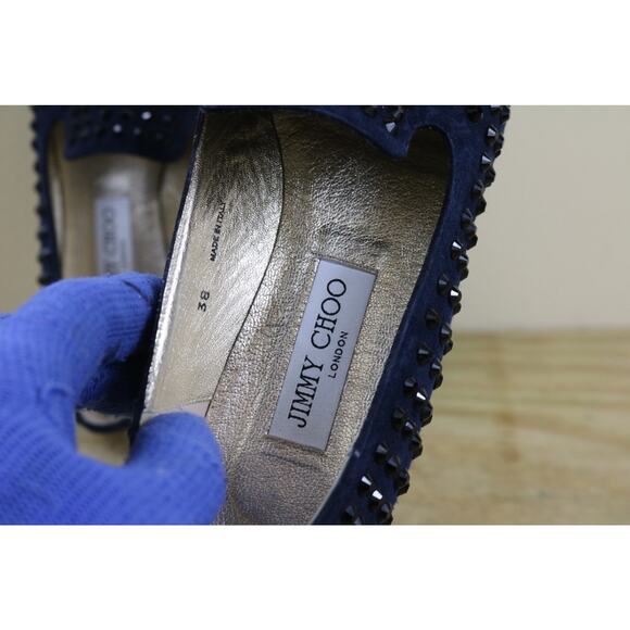 Jimmy Choo Loafers 38 Blue Suede Studded Black Rhinestone Flats Slip On Italy - Picture 5 of 11